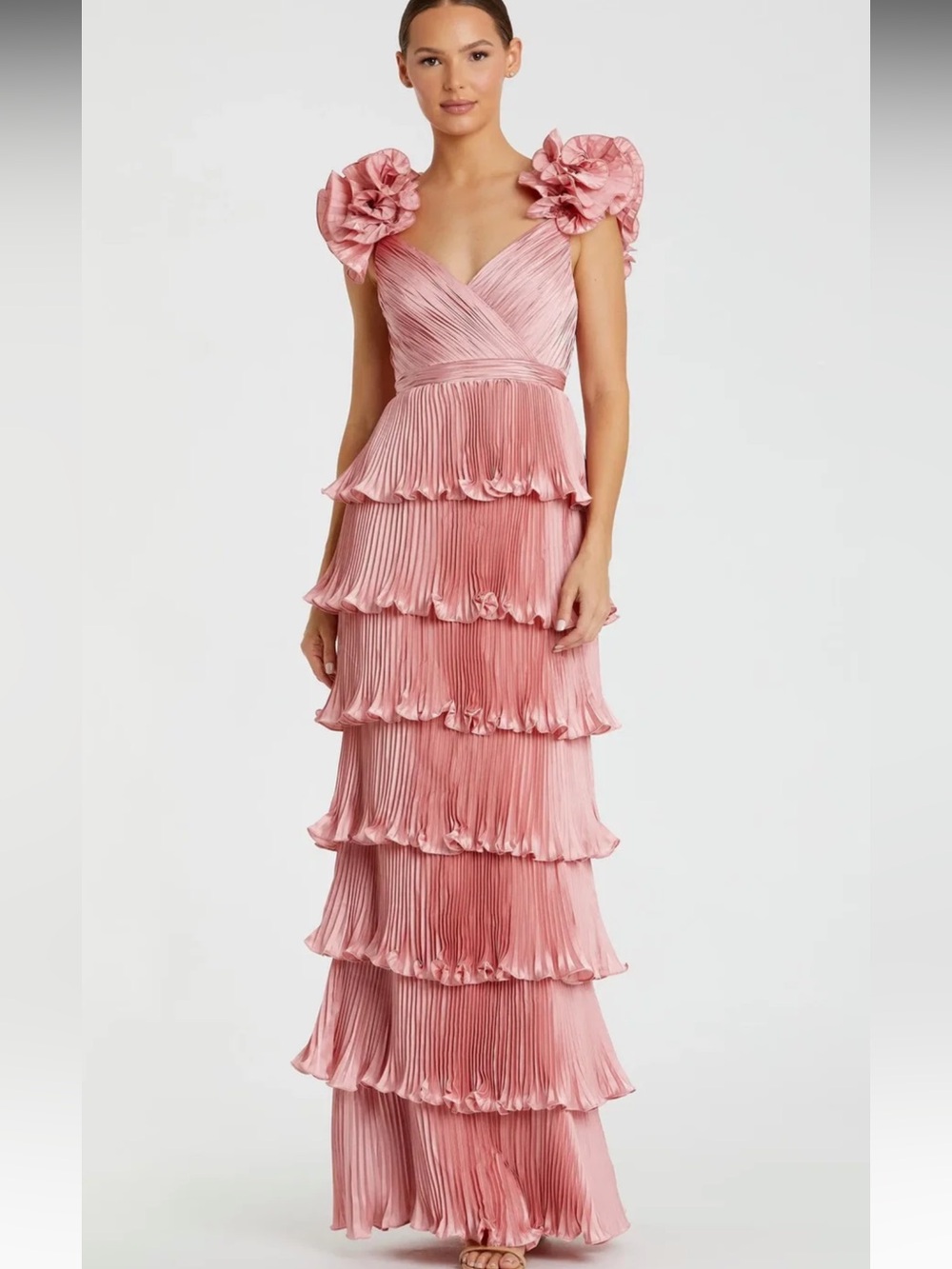 Pink Tiered Pleated Maxi Dress with Floral Shoulder Detail